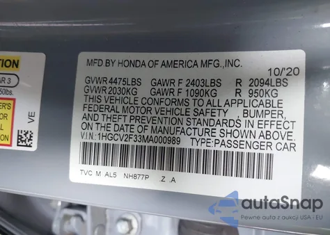 2021 Honda Accord Sport 2.0T из США, поврежденный, VIN 1HGCV2F33MA000989